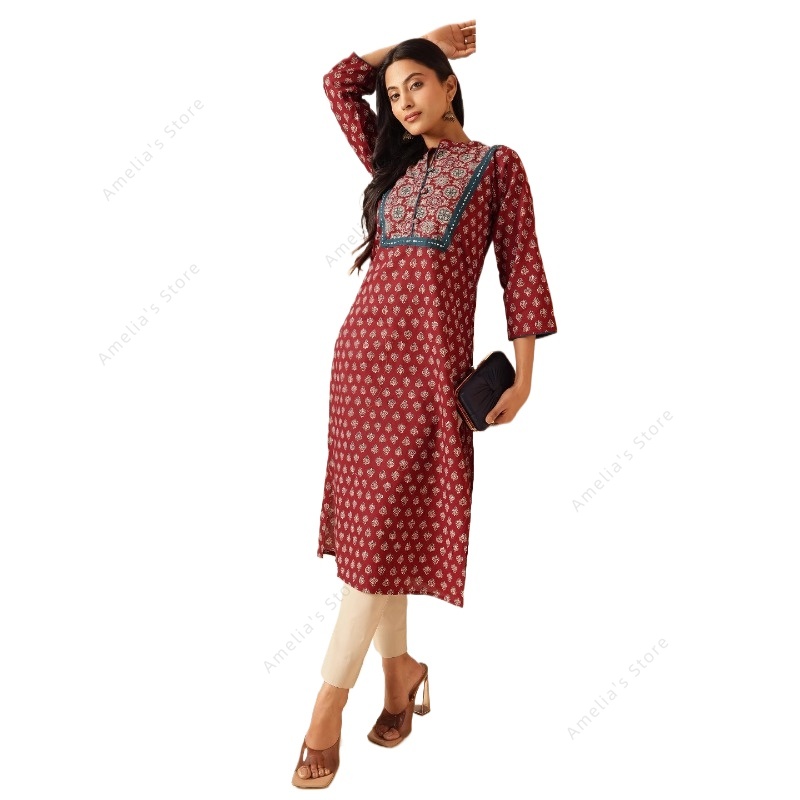 Summer Clothing Pakistan - Kurta Étnica con Estampado Floral Marrón