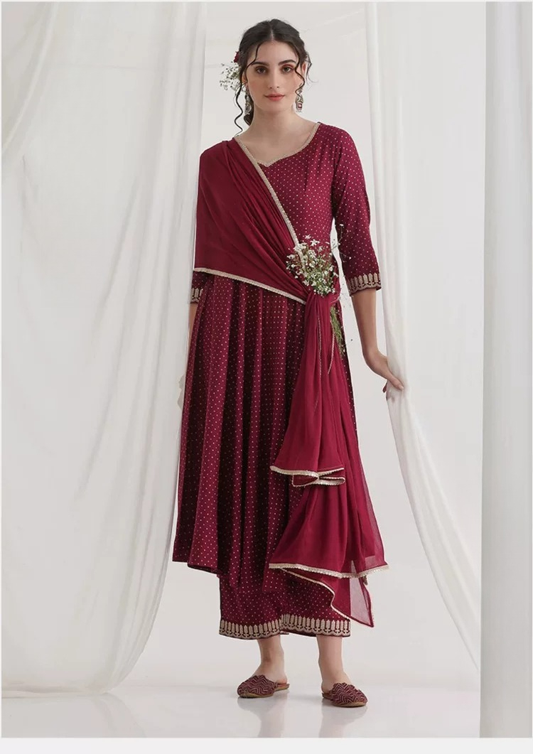 Summer Clothing Pakistan - Conjunto de Kurta étnica color granate